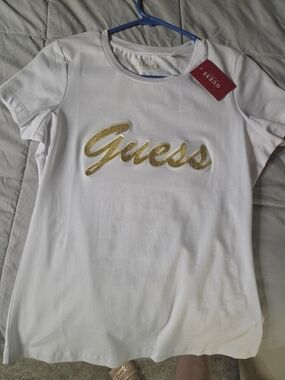 Guess White Short Sleeve Tee with Gold Script Logo
